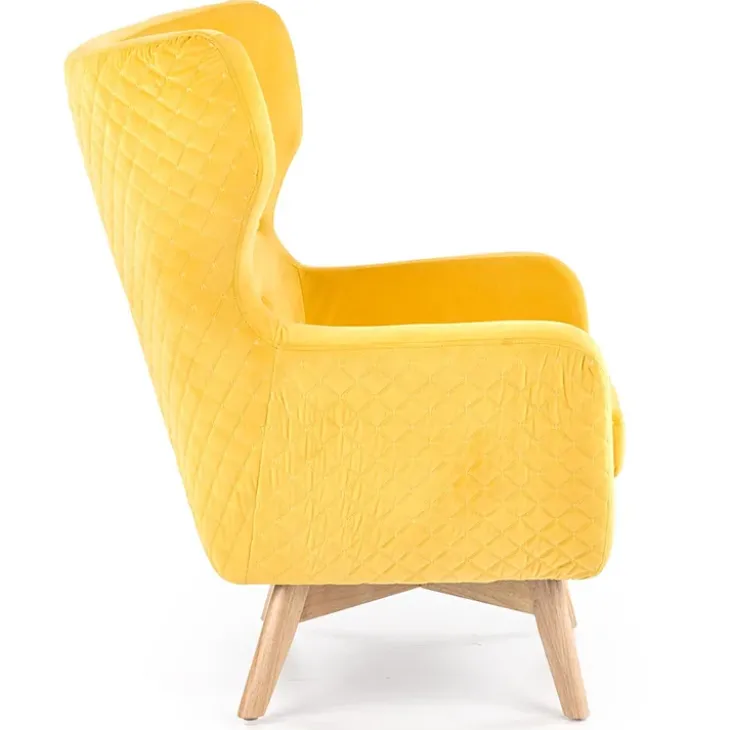 Poltroncina imbottita in velluto giallo legno naturale Seven