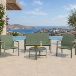 Salotto da giardino relax 4 posti con tavolino in acciaio e textilene verde Amalfi