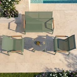 Salotto da giardino relax 4 posti con tavolino in acciaio e textilene verde Amalfi
