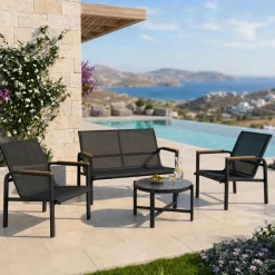 Salotto da giardino relax 4 posti con tavolino in acciaio e textilene nero Amalfi