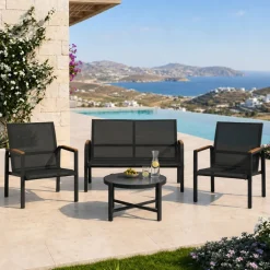 Salotto da giardino relax 4 posti con tavolino in acciaio e textilene nero Amalfi