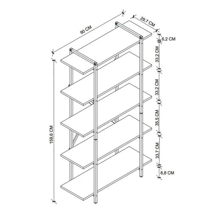 Scaffale libreria 90x160h cm 5 ripiani industrial metallo rovere rustico Loft