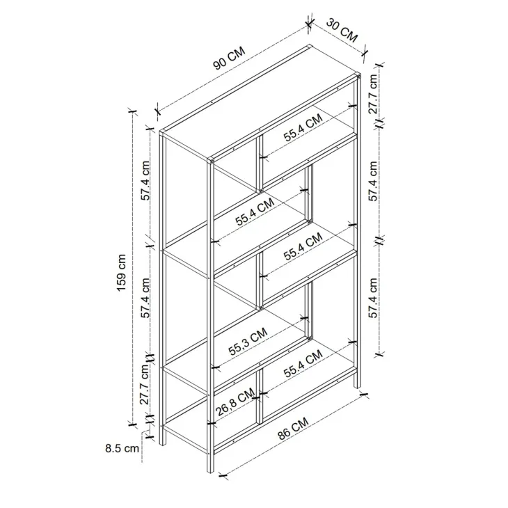 Scaffale libreria 90x159h cm 6 vani a vista industrial metallo antracite Loft