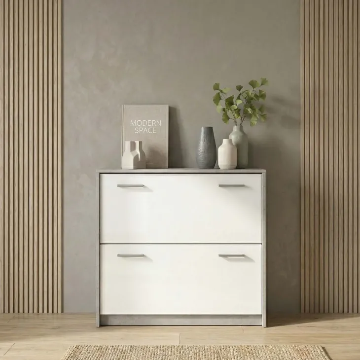 Scarpiera ingresso 98x81h cm 2 ante ribalta bianco frassinato cemento Thomas