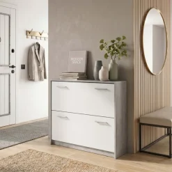 Scarpiera ingresso 98x81h cm 2 ante ribalta bianco frassinato cemento Thomas