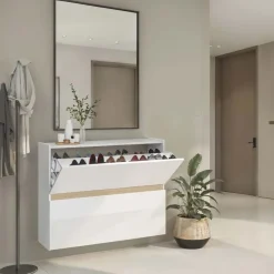 Scarpiera ingresso 103x81h cm 2 ante a ribalta bianco lucido top rovere Noren