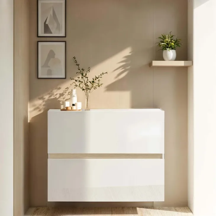 Scarpiera ingresso 103x81h cm 2 ante a ribalta bianco lucido top rovere Noren