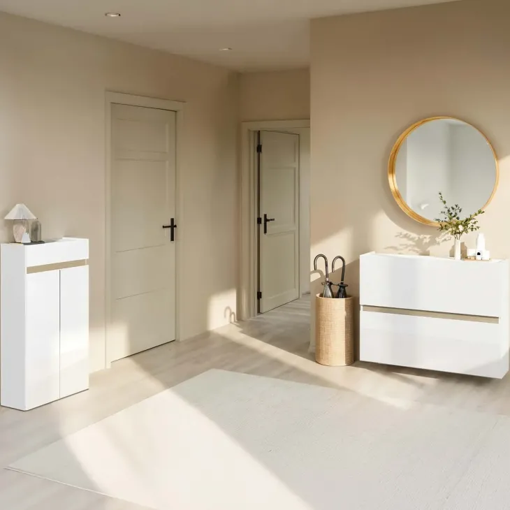 Scarpiera ingresso 103x81h cm 2 ante a ribalta bianco lucido top rovere Noren