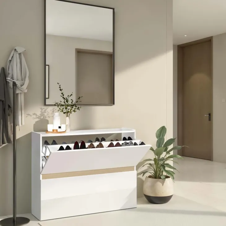 Scarpiera ingresso 103x81h cm 2 ante a ribalta bianco lucido top rovere Noren