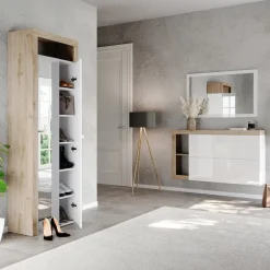 Scarpiera sospesa ingresso 133x77h cm 2 ante a ribalta bianco lucido rovere Invictus