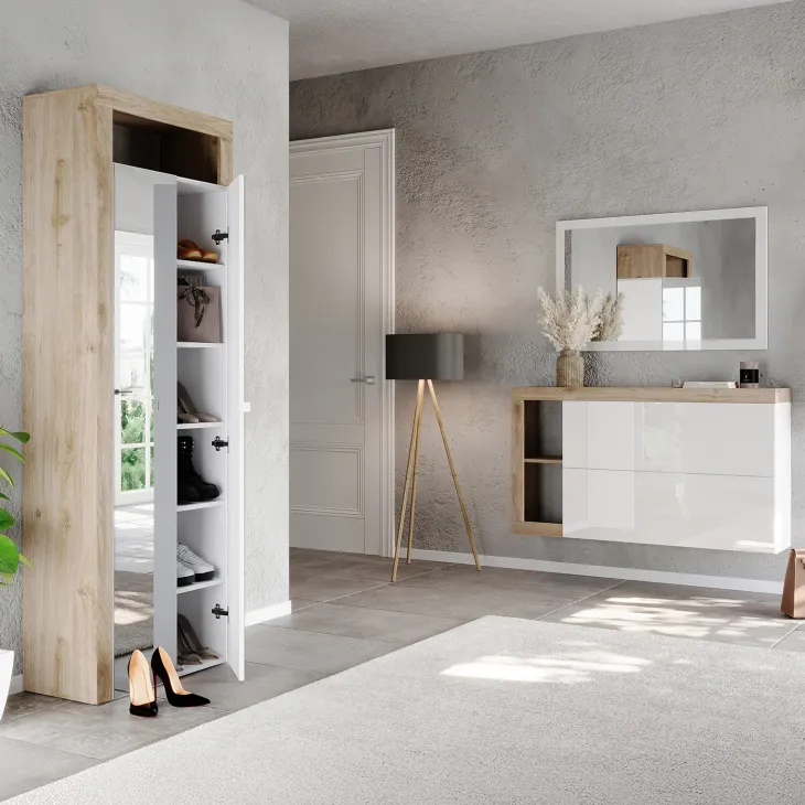 Scarpiera sospesa ingresso 133x77h cm 2 ante a ribalta bianco lucido rovere Invictus