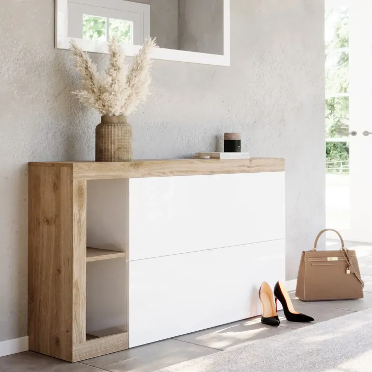 Scarpiera sospesa ingresso 133x77h cm 2 ante a ribalta bianco lucido rovere Invictus