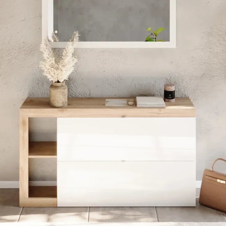Scarpiera sospesa ingresso 133x77h cm 2 ante a ribalta bianco lucido rovere Invictus
