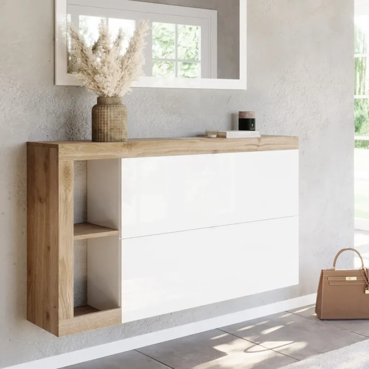 Scarpiera sospesa ingresso 133x77h cm 2 ante a ribalta bianco lucido rovere Invictus