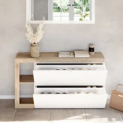 Scarpiera sospesa ingresso 133x77h cm 2 ante a ribalta bianco lucido rovere Invictus