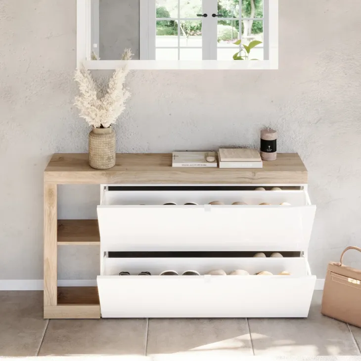 Scarpiera sospesa ingresso 133x77h cm 2 ante a ribalta bianco lucido rovere Invictus