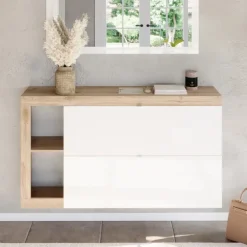 Scarpiera sospesa ingresso 133x77h cm 2 ante a ribalta bianco lucido rovere Invictus