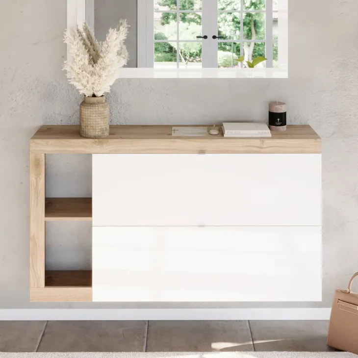 Scarpiera sospesa ingresso 133x77h cm 2 ante a ribalta bianco lucido rovere Invictus