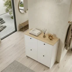 Scarpiera 90x90h cm 4 ante 4 ripiani multiuso bianco con top rovere Jamaica