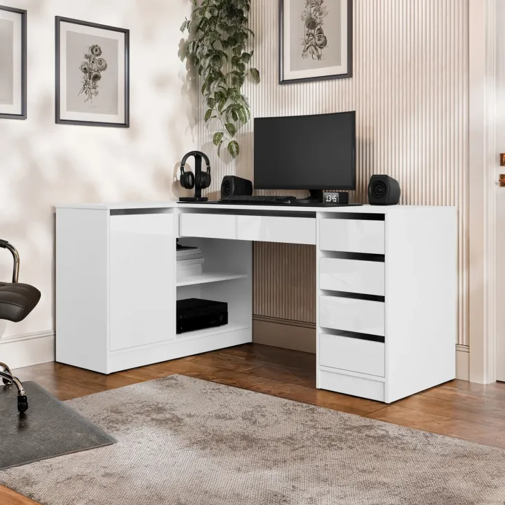 Scrivania angolare ufficio 158x98cm 1 anta 5 cassetti bianco lucido Blackpool