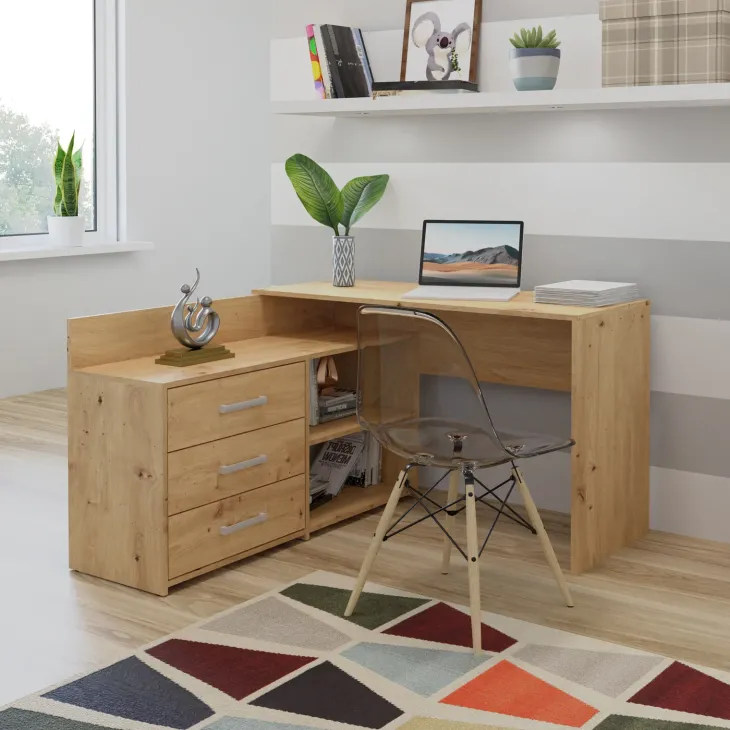 Scrivania angolare ufficio 120x120cm con cassettiera rovere nodoso Genius