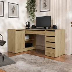 Scrivania angolare ufficio 158x98cm 1 anta 5 cassetti rovere rustico Blackpool