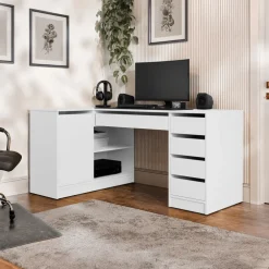 Scrivania angolare ufficio 158x98cm 1 anta 5 cassetti bianco opaco Blackpool