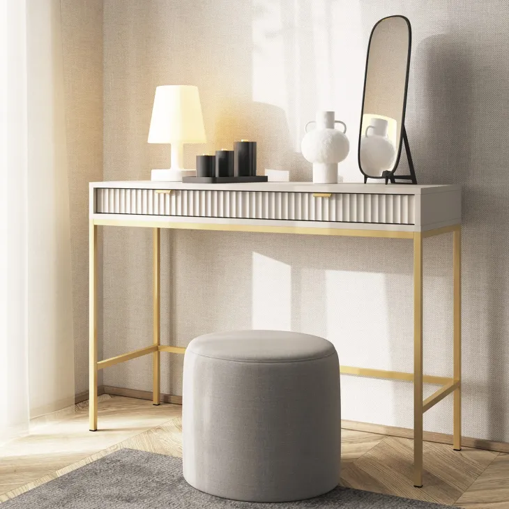 Scrivania consolle ingresso 104x77cm 2 cassetti moderna beige oro Alisa