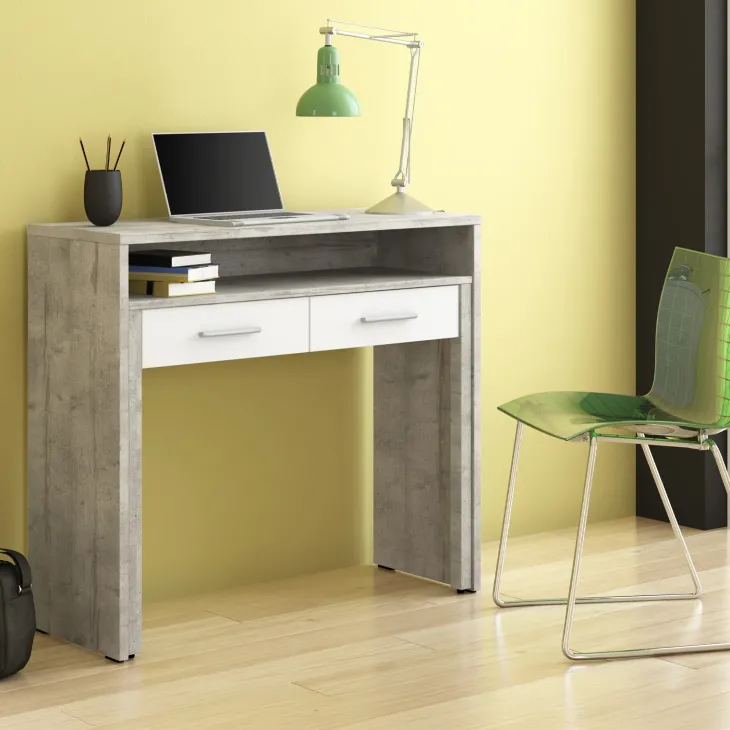 Scrivania consolle 99x71cm scrittoio estraibile bianco frassino cemento Maybelle