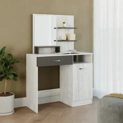 Scrivania moderna con specchio 90x38cm bianco frassinato grigio Cesare