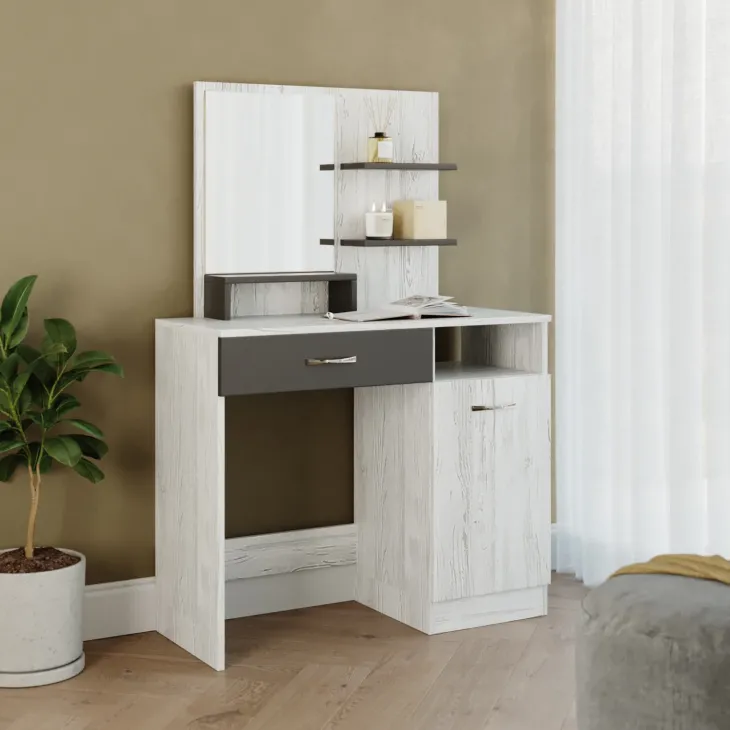 Scrivania moderna con specchio 90x38cm bianco frassinato grigio Cesare
