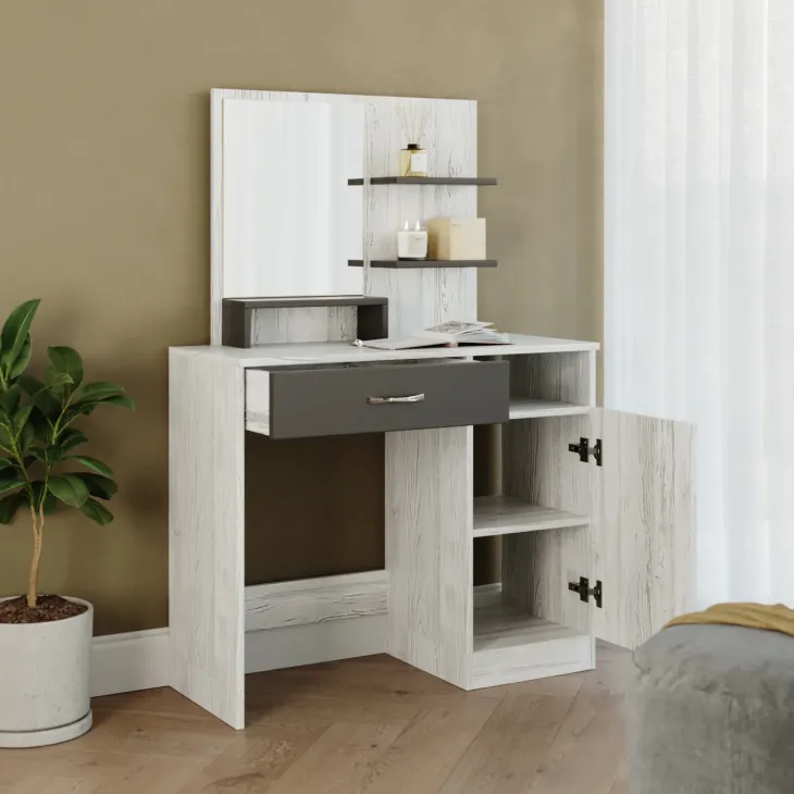 Scrivania moderna con specchio 90x38cm bianco frassinato grigio Cesare