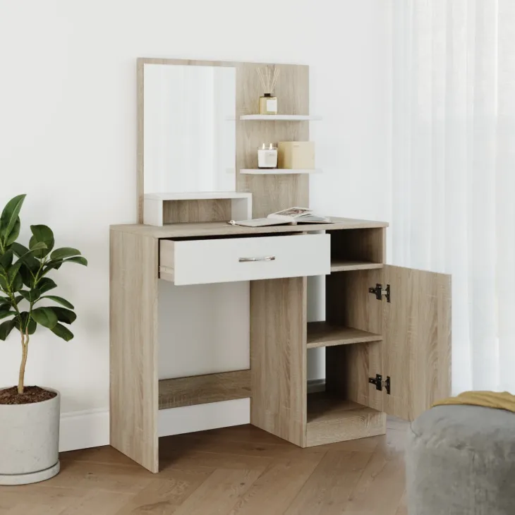 Scrivania moderna con specchio 90x38cm rovere bianco lucido Cesare