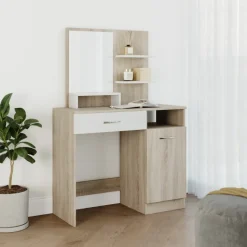Scrivania moderna con specchio 90x38cm rovere bianco lucido Cesare
