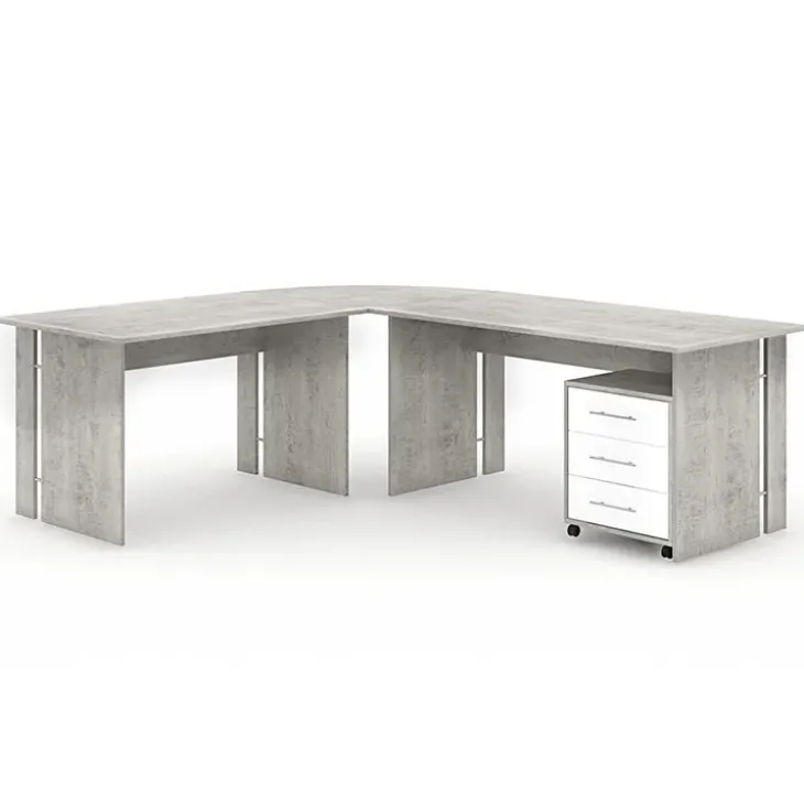 Scrivania ufficio angolare 228x198cm con cassettiera bianco cemento Woody