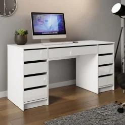 Scrivania ufficio 154x55cm 9 cassetti bianco lucido Blackpool
