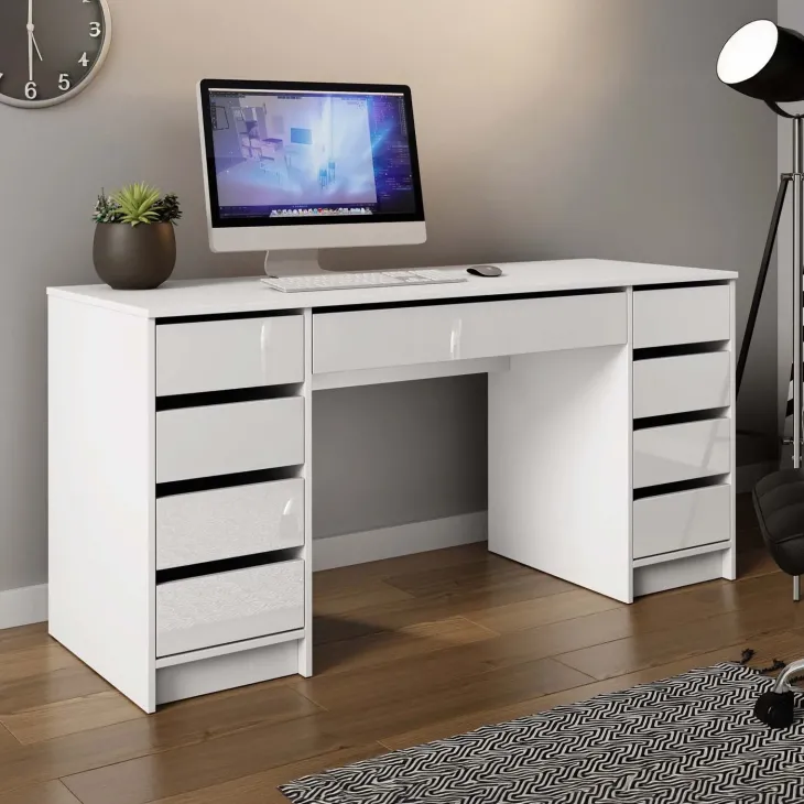 Scrivania ufficio 154x55cm 9 cassetti bianco lucido Blackpool