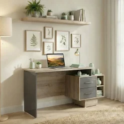 Scrivania ufficio 148x60cm con cassettiera rovere antracite lucido Time Y