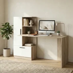 Scrivania ufficio 150x59cm rovere naturale bianco opaco Paulo