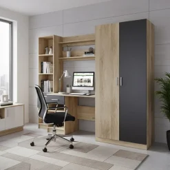 Scrivania ufficio 220x180h cm con armadio e libreria rovere grigio antracite Alexia Gihome®