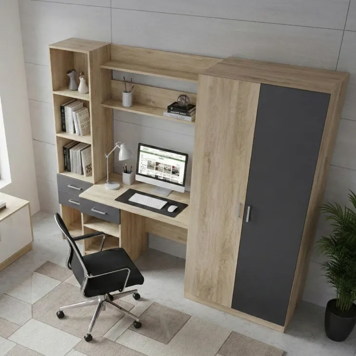 Scrivania ufficio 220x180h cm con armadio e libreria rovere grigio antracite Alexia Gihome®