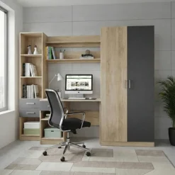 Scrivania ufficio 220x180h cm con armadio e libreria rovere grigio antracite Alexia Gihome®