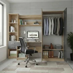 Scrivania ufficio 220x180h cm con armadio e libreria rovere grigio antracite Alexia Gihome®