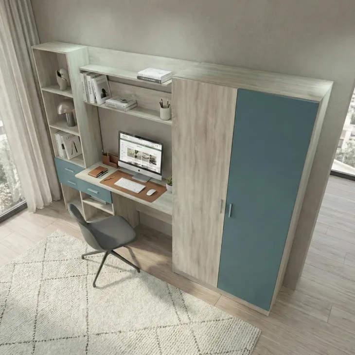 Scrivania ufficio 220x180h cm con armadio e libreria rovere blu petrolio Alexia Gihome®