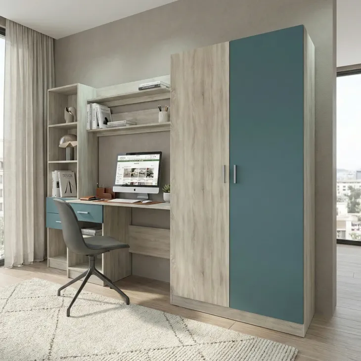 Scrivania ufficio 220x180h cm con armadio e libreria rovere blu petrolio Alexia Gihome®