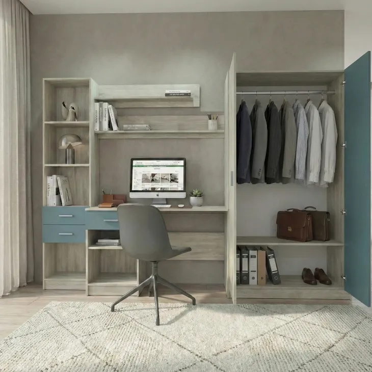 Scrivania ufficio 220x180h cm con armadio e libreria rovere blu petrolio Alexia Gihome®