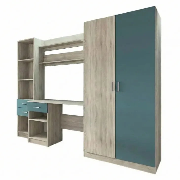 Scrivania ufficio 220x180h cm con armadio e libreria rovere blu petrolio Alexia Gihome®