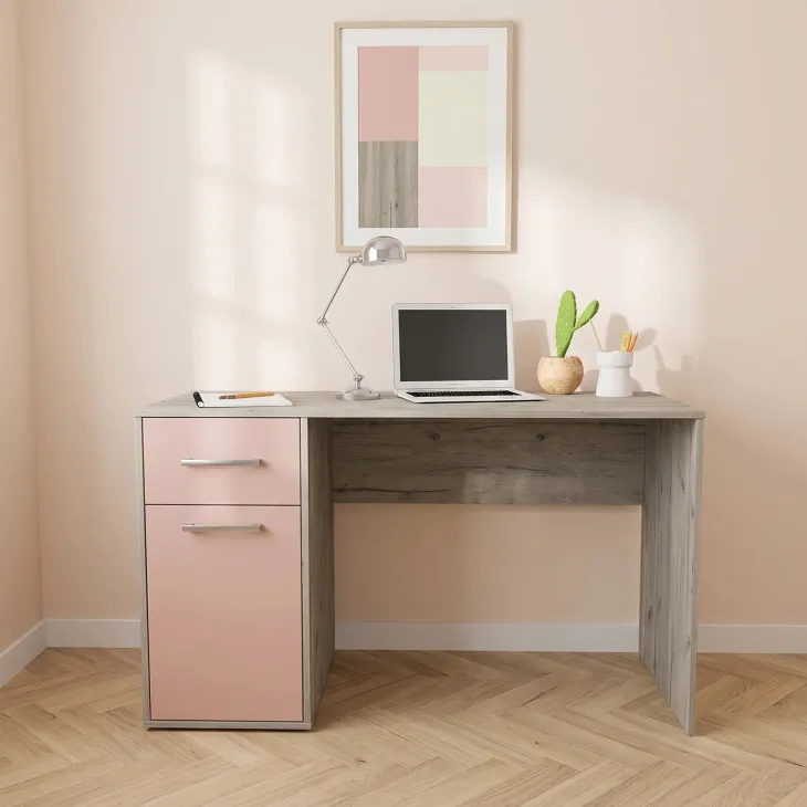 Scrivania 130x60 cm 1 anta 1 cassetto bianco frassinato rosa Bra
