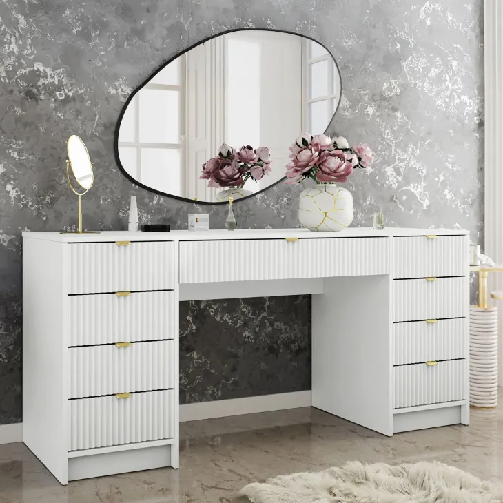 Scrivania 154x55cm con 9 cassetti cannettata bianco Athena