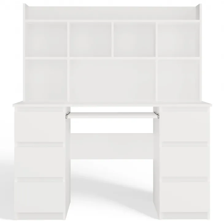 Scrivania 130x51cm con cassetti laterali, libreria e ripiani bianca Toppy